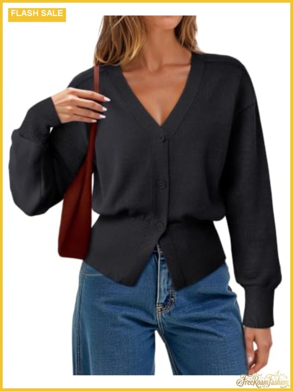 Women's V-Neck Peplum Cardigan Long Sleeve Knit Button Up Open Front